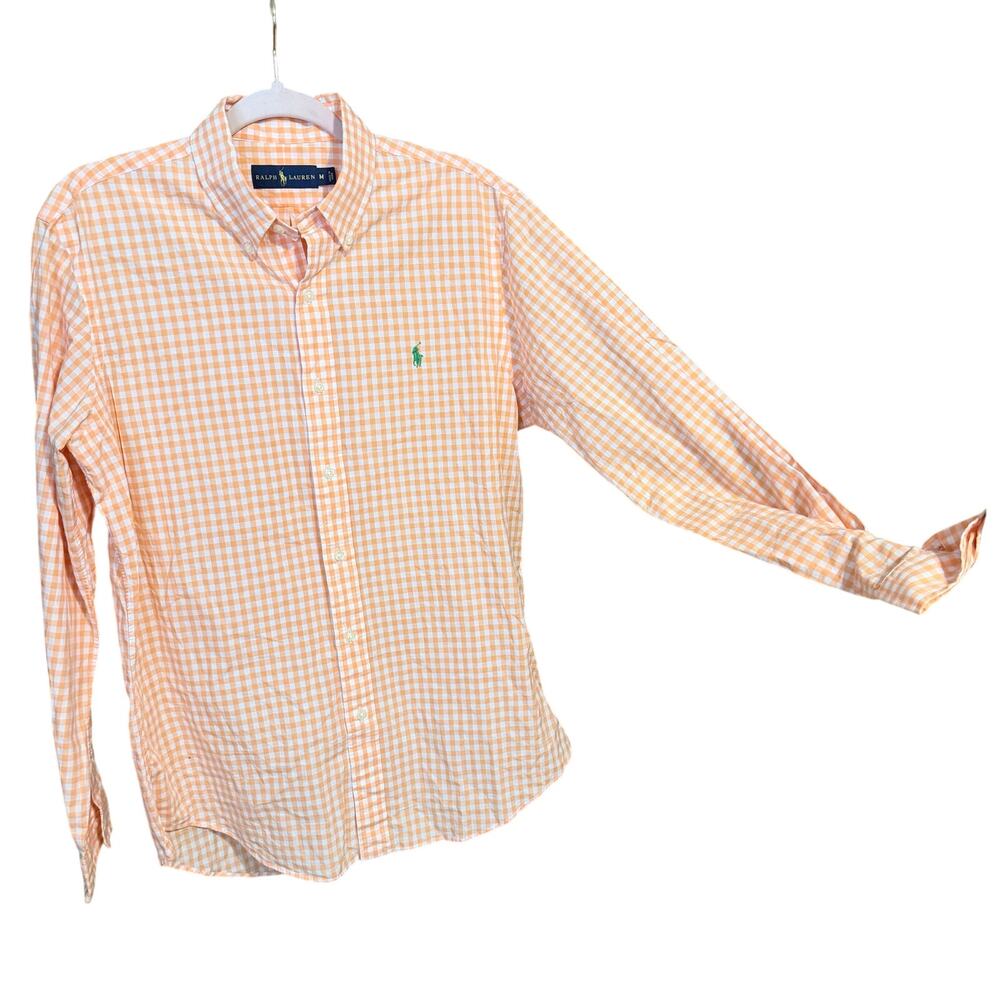 Ralph Lauren men’s orange gingham long sleeve button front shirt M 100% cotton